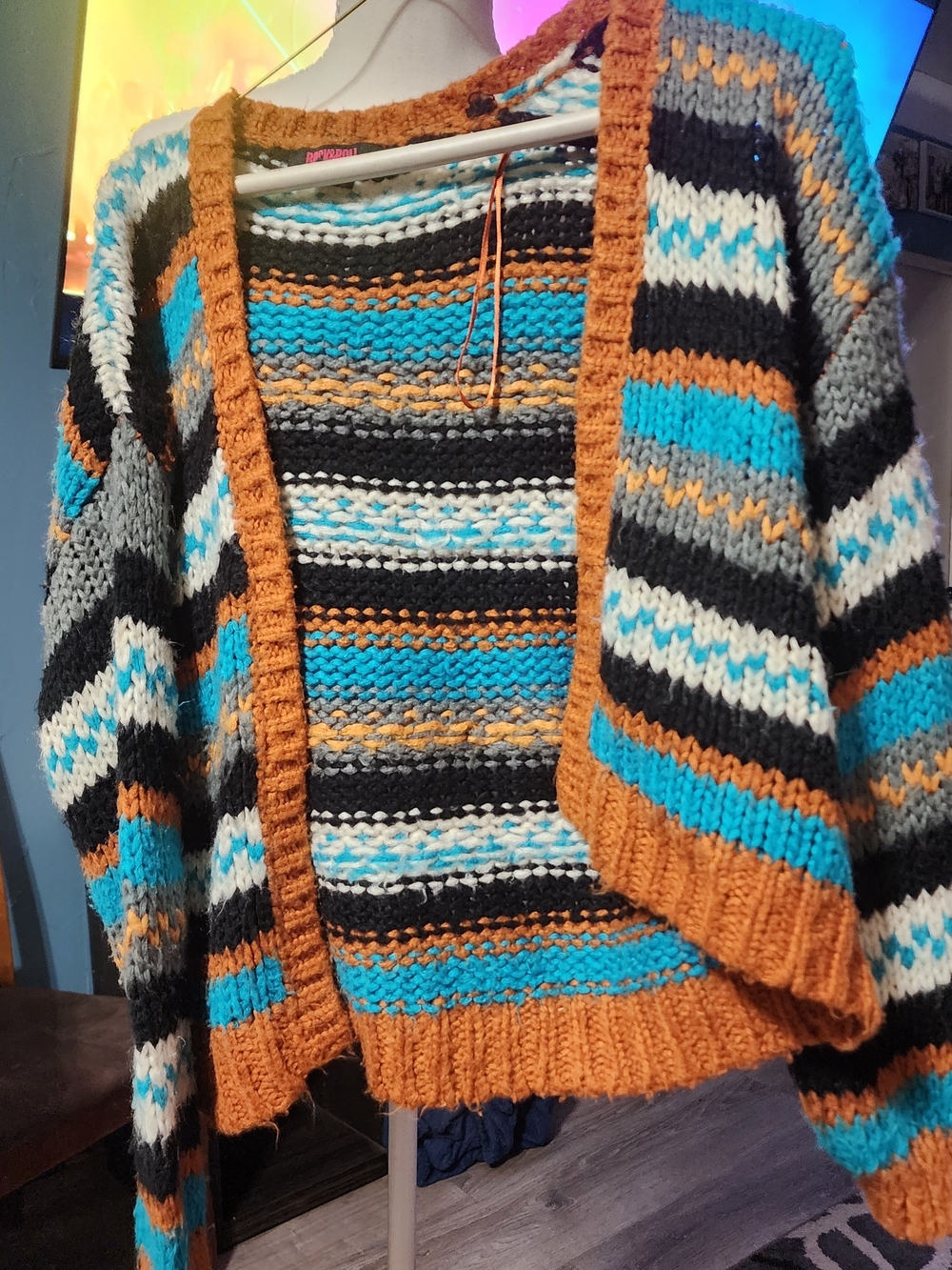 Rock & Roll Striped Open-Front Women's Sweater Cardigan in Teal and Rust Sz SM